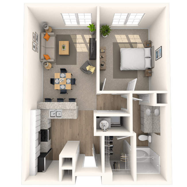 Traditional 1x1 633-1044 SF 2520 floor plan